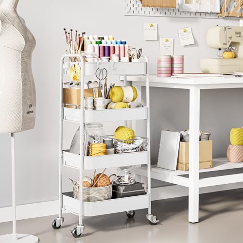 TOOLF 4 Tier Metal Rolling Cart, Utility Storage Cart with Wheels, White | Screwless Assembly, Lockable Metal Wheels, Trolley Organizer for Bathroom, Kitchen, Office, Dorm, Laundry, Craft Room