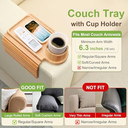 Couch Cup Holder - 3 in 1 Sofa Arm Tray with 360° Rotating Cup Holder & Phone Stand,Arm Chair Rest Table Fits Various of Large Width Couches Armrest,Anti-Slip Foldable Couch Tray for Drinks