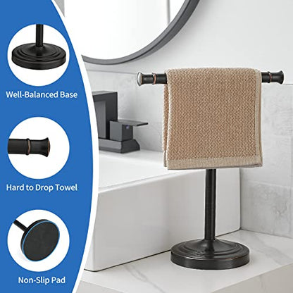 RUMOSE Oil Rubbed Bronze Hand Towel Holder Stand Countertop Towel Rack | 13 Inch Bathroom Kitchen Vanity T-Shape Towel Stand Free Standing Stainless Steel Towel Bar Towel Ring
