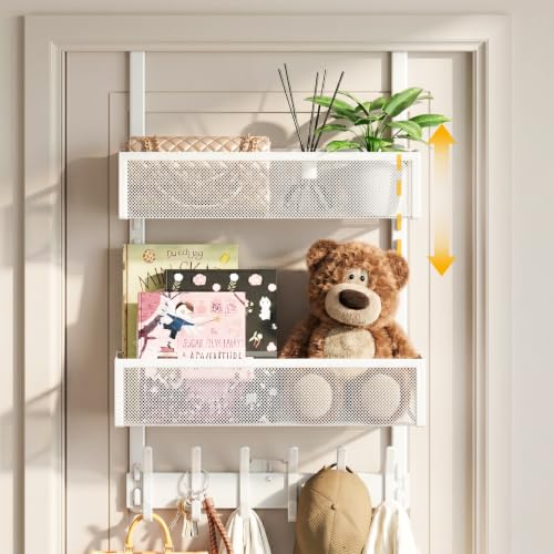 Over the Door Hooks Organizer,Door Hanger Fits Doors 1 3/4" White | 12 Coat Hooks and 2 Mesh Basket,Space-Saving,Back Storage Organizer,Over The Door Towel Rack,for Bathroom,Bedroom,Kitchen
