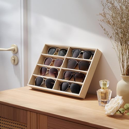 pickpiff Drawer Sunglass Organizer & Display Tray: 1 Pcs 8 Grids Velvet Scratch-Free Eyeglasses Case (13.8x9.4x1.6inch) - Soft Beige Glasses Storage Holder Box for Men & Women