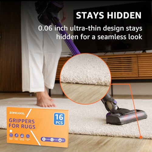 ZONGOOL 16PCS Rug Tape Non Slip Rug Pad Grippers Double Sided Carpet Tape | No Damage Floor Reusable Washable Grippers No Residue Rug Corners For Hardwood Tile&Laminate Floors Anti-Curl Rug Stickers