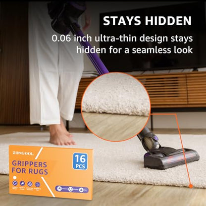 ZONGOOL 16PCS Rug Tape Non Slip Rug Pad Grippers Double Sided Carpet Tape | No Damage Floor Reusable Washable Grippers No Residue Rug Corners For Hardwood Tile&Laminate Floors Anti-Curl Rug Stickers