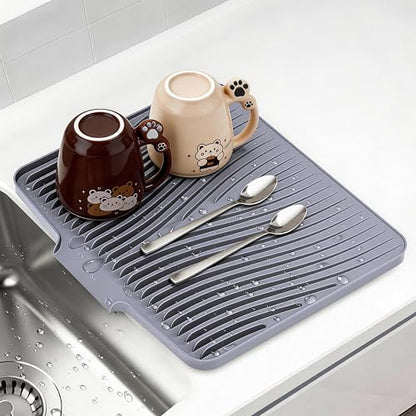 Silicone Dish Drying Mat for Kitchen counter, 15.8"x13" Extra Large Non-Slip Drain Pad with Built-in Drainage, Heat Resistant Dishwasher Safe, Drainage Spout & Hanging Hook, Grey