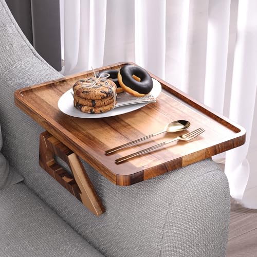 Acacia Wood Couch Arm Tray，Folding Sofa Armrest Table | Clip-On Couch Desk,Foldable, Non-slip,No Assembly，for Drinks Snacks Phone，Remote Control