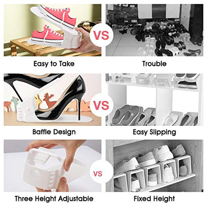 Shoe Slots Organizer, 20 Pack Adjustable Shoe Rack Stacker Storage Space Saver, Double Deck Shoe Rack Holder for Closet Organization (White)