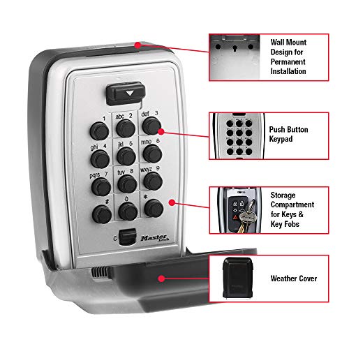 Master Lock Wall Mount Key Lock Box with Push Button for House Keys, Outdoor Safe with Combination Lock, 5 Key Capacity, 5423EC , Black