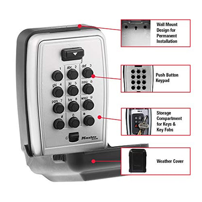 Master Lock Wall Mount Key Lock Box with Push Button for House Keys, Outdoor Safe with Combination Lock, 5 Key Capacity, 5423EC , Black