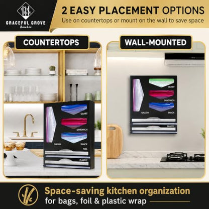 6-in-1 Bamboo Food Storage Bag Organizer for Drawer – Bag Organizer with Foil & Plastic Wrap Dispenser, Built-In Cutter, Holds Gallon Quart Sandwich Snack Bags, Black