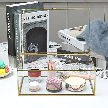 Vintage Glass Box with Lid - Clear Jewelry Glass Display Box Keepsake Box - Home Decor Decorative Box for Trinket Rings Bracelet (Gold, Large)