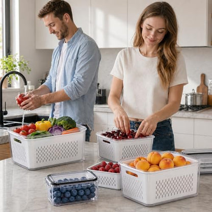 HOMETALL 4 Pack Fruit Storage Containers for Fridge Set, Produce Containers | for Fridge with Strainer, Plastic Reusable Fridge Organizers and Storage for Berry Salad Lettuce, Size 3.4, 1.8, 0.9, 0.4QT