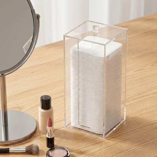 Acrylic Clean Pad Storage Box for Clean Skin Club, Cotton Pad Dispenser, Square Rounds Cotton Pad Holder (Pad Not Included) - Vertical with Lid