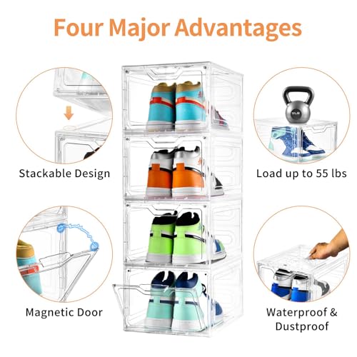 12 Pack Thicken & Sturdy Clear Shoe Storage Organizer with Magnetic Door, Shoe Boxes Clear Plastic Stackable for Closet, Shoe Rack for Sneaker Boot Container, Shoe Cabinet Fit up to US Size 12