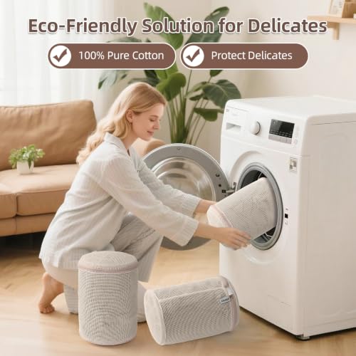 100% Pure Cotton Mesh Laundry Bags, Bra Washing Bags for Laundry, No Dye, Set of 3, Natural(8x6.5 Inch)