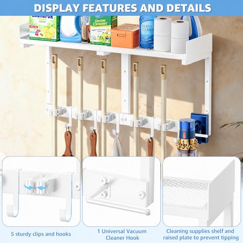 HUFAND Broom Holder Wall Mount, 27" Mop and Broom Organizer with Top Shelf | 5 Grippers,5 Movable S-Hooks,Breathable Grid Shelf,Rust-Resistant Coating,Hardware Included,for Kitchen,Laundry Room
