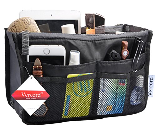 Vercord Purse Organizer Insert for Handbags Bag Organizers Inside Tote Pocketbook Women Nurse Nylon 13 Pockets Black Large