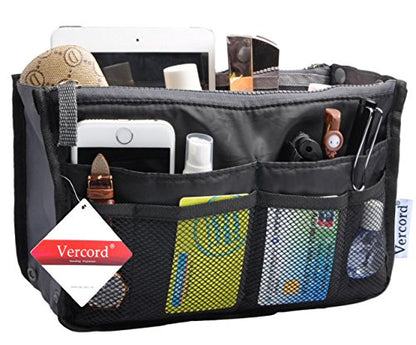 Vercord Purse Organizer Insert for Handbags Bag Organizers Inside Tote Pocketbook Women Nurse Nylon 13 Pockets Black Large