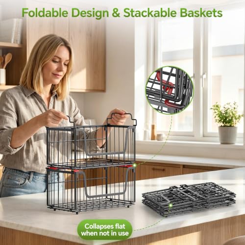 4 Pack Foldable Wire Basket for Pantry Organizers and Storage, Stackable Vegetable Fruit Basket for Kitchen Counter, Black Potato and Onion Storage Bin