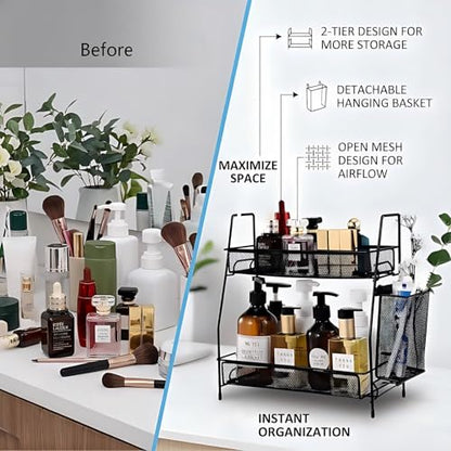 2-Tier Bathroom Countertop Organizer,Skincare, Makeup Countertop Organizers, Kitchen, Bathroom Counter Storage with Small Basket (Black)