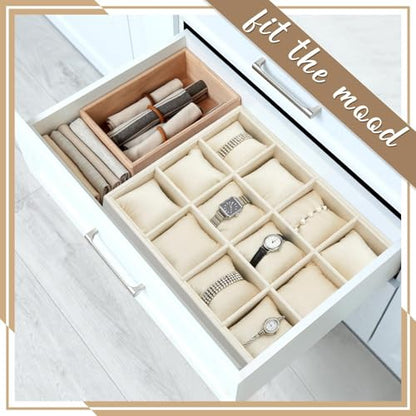 2 Pieces 12 Grid Velvet Watch Tray Jewelry Organizer Stackable Watch Bracelet Bangle Display Holder Adjustable Pillow(Beige)