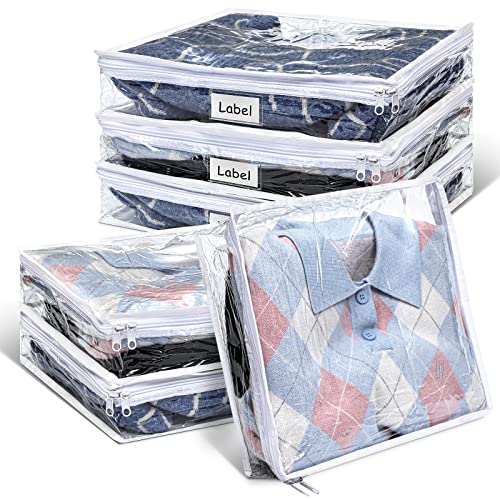 6pcs Clear Zippered Storage Bag Plastic Individual Sweater Storage Bag with Zipper Label Closet Clothing Organizer for Blanket Clothes Bed Sheet Comforter Quilt Pillow(15.7 x 13.7 x 3.9 Inch)
