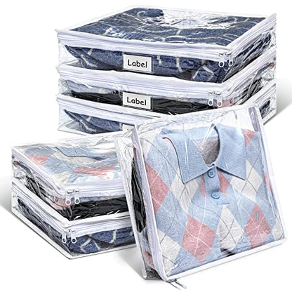 6pcs Clear Zippered Storage Bag Plastic Individual Sweater Storage Bag with Zipper Label Closet Clothing Organizer for Blanket Clothes Bed Sheet Comforter Quilt Pillow(15.7 x 13.7 x 3.9 Inch)