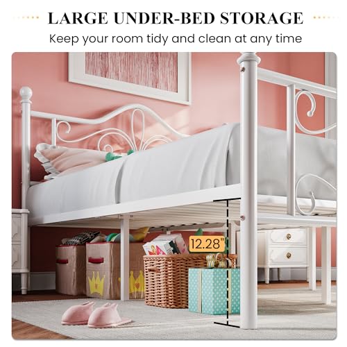SHA CERLIN Twin Size Metal Bed Frame with Butterfly Headboard, White