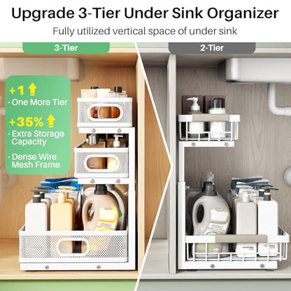 Kitstorack Under Sink Organizer, 2-Pack 3-Tier Height Adjustable Thickened Metal Pull out Cabinet Organizer Shelf, Slide out Storage Drawer Rack for Bathroom Kitchen Pantry Home Laundry Organization