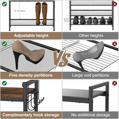 Refrze Shoe Rack for Front Door Entrance, 4 Tier Height-Adjustable Metal Shoe Rack, Sturdy Wooden Top and Tiltable Steel Frame Heavy Duty Shoe Organizer for Bathroom,Bedroom,Kitchen，Include Hook