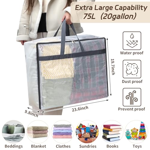 Fixwal Storage Bags 4 Pack 75L XL Mesh Clear for Blankets Clothes Comforter | Waterproof Clear Mesh Fabric, Zippered Closure, Carry Handles, for Blankets Quilts Clothes Comforters Bedding and Pillows