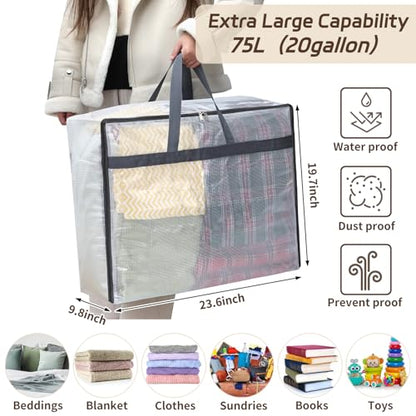 Fixwal Storage Bags 4 Pack 75L XL Mesh Clear for Blankets Clothes Comforter | Waterproof Clear Mesh Fabric, Zippered Closure, Carry Handles, for Blankets Quilts Clothes Comforters Bedding and Pillows