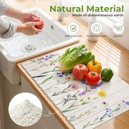 LOKHOM Stone Dish Drying Mat, 15.3"x23.6" Diatomaceous Earth Mat Floral | Watercolor Wildflower, Foldable, Absorbent, Non-Slip, Heat Resistant, For Kitchen Counter Bath Dishes Cups