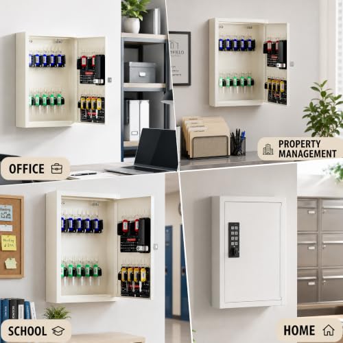 Electronic 40 Key Lock Box, Beige Lock Box for Keys with Code | Private, Public and Password Hiding Modes Key Box Wall Mount For Home Office Key Management