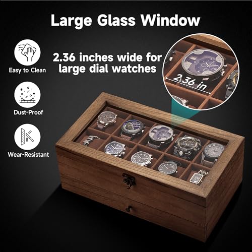 Watch Box with 10 Slots, 2-Tier Watch Case for Large Dial Watches, Watch Display Case with Lid, Removable Watch Pillows, Gifts for Men Women, Watch Organizer with Drawer, Jewelry Box, Walnut