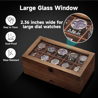 Watch Box with 10 Slots, 2-Tier Watch Case for Large Dial Watches, Watch Display Case with Lid, Removable Watch Pillows, Gifts for Men Women, Watch Organizer with Drawer, Jewelry Box, Walnut
