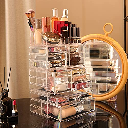 Cq Acrylic 4 Pack Clear Makeup Storage, Stackable 10 Drawer Organizer for Vanity, Jewelry, Hair Clip, Beauty & Skincare Products
