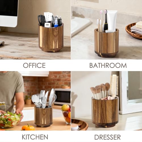 Toothbrush Holder for Bathrooms Toothpaste Organizer, Acacia Wood | Four Drainage Holes,Removable Divider,360° Rotating Base,Space-Saving,Farmhouse Style,for Bathroom Countertop,Shower,Vanity