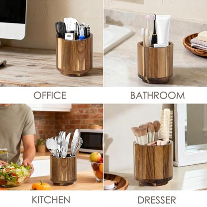 Toothbrush Holder for Bathrooms Toothpaste Organizer, Acacia Wood | Four Drainage Holes,Removable Divider,360° Rotating Base,Space-Saving,Farmhouse Style,for Bathroom Countertop,Shower,Vanity
