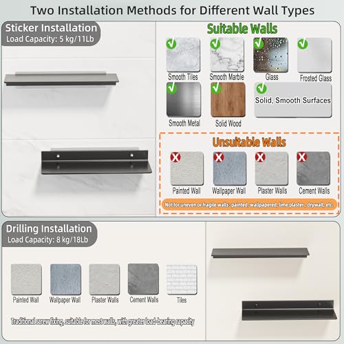 Adhesive Shelves for Wall, Metal Floating Shelf 2 Pack, 15.7x4.9IN | Rustproof Aluminium Shower Caddy, No Drilling, Matte Black Finish, For Living Room, Bedroom, Bathroom, Display Ledge