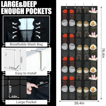 Windyun 40 Over the Door Shoe Organizer Large Breathable Mesh Pockets Hanging Shoe Rack for Closet Black Behind Door Hanger Storage Holder Nonslip Hooks for Women Men Entryway Bedroom Utility Room