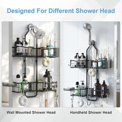 Shower Caddy Hanging Organizer Over Showerhead, Rustproof Black | 2-Tier No-Drill Hanging Shower Organizer with Removable Hooks, Soap Dish, Toothbrush Holder for Bathroom Razor Shampoo Sponge