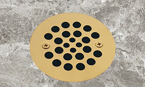 4-1/4“ Shower Strainer Drain Trim Set, Screw-in Shower Strainer Drain Cover, Plastic-Oddities Style Replacement Strainer Grid,Machine & Self-Tapping Screws Included (Brushed Gold)