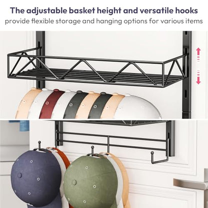 Over Door Hat Organizer - 3 Tier Wall Mounted Hat Rack with 2 Adjustable Metal Basket and 3 Hooks, Hanging Baseball Cap Organizer Storage Holds up to 29 Caps for Door, Bedroom, Closet