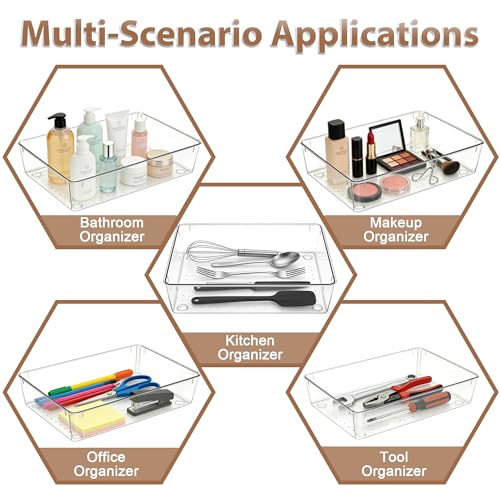 7Pack 6"*9" Clear Drawer Organizers for Makeup, Vanity, Office | Acrylic Organizer Trays for Bathroom, Nightstand, Junk for Kitchen Drawer, Versatile Plastic Drawer Divider Storage Bins