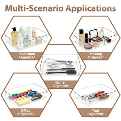 7Pack 6"*9" Clear Drawer Organizers for Makeup, Vanity, Office | Acrylic Organizer Trays for Bathroom, Nightstand, Junk for Kitchen Drawer, Versatile Plastic Drawer Divider Storage Bins