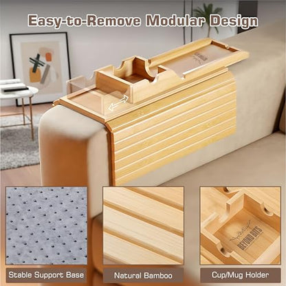 Wooden Sofa Arm Tray for Couch, Cup Holder & Armrest Organizer – Non-Slip Couch Arm Tray, Couch Cup Holder for Drinks, Snacks & Remotes – Flexible Couch Tray for Drink, Armrest for Living Room