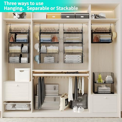 HapiRm Hanging Closet Organizer Storage - 4 Tier Metal Stackable Hanging Closet Shelves with Dividers and S Hooks, Foldable Clothes Shelves for Clothes, Pants, Shoes, Coat, Hats Clutches Accessories