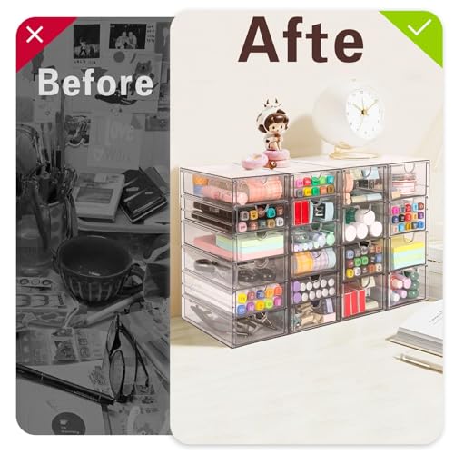 VZKAH Clear Acrylic Desk Organizer with 20 Drawers, 4 Modular Units | 4-piece clear drawer set for office supplies, crafts, makeup, and small daily items on desks, vanities, counters