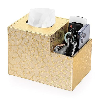 Sumnacon Square Leather Tissue Box Cover - PU Cube Tissue Box Holder with Side Organizer, Decorative Tissue Box for Living Room Vanity Night Stand Desk Countertop Office, Gold