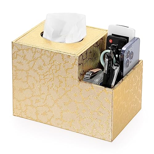 Sumnacon Square Leather Tissue Box Cover - PU Cube Tissue Box Holder with Side Organizer, Decorative Tissue Box for Living Room Vanity Night Stand Desk Countertop Office, Gold